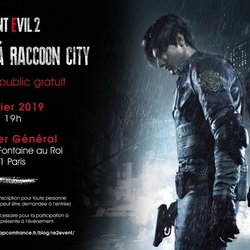 Visuel rappelant la date et l'adresse de l'événement de lancement de Resident Evil 2 à Paris.