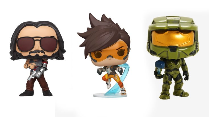 Figurines Funko Pop (de g. à dr. : Cyberpunk 2077, Overwatch, Halo)