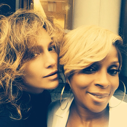 J-Lo: You never know who's gonna drive by when u just hanging out on the stoop… @maryjblige #ILoveNY #bronxgirls