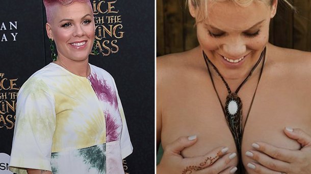Pink, enceinte, pose topless avec sa fille!