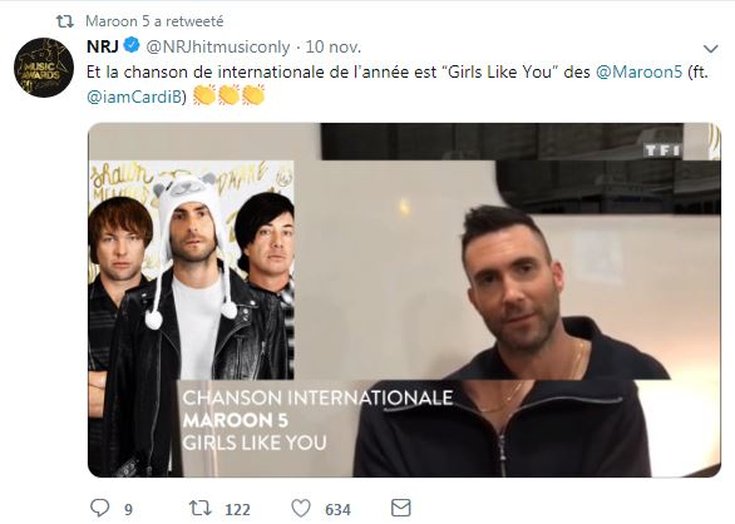 NMA 2018 - maroon 5 remerciements RS