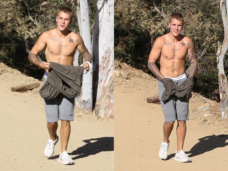 Justin Bieber torse nu pendant une randonnée