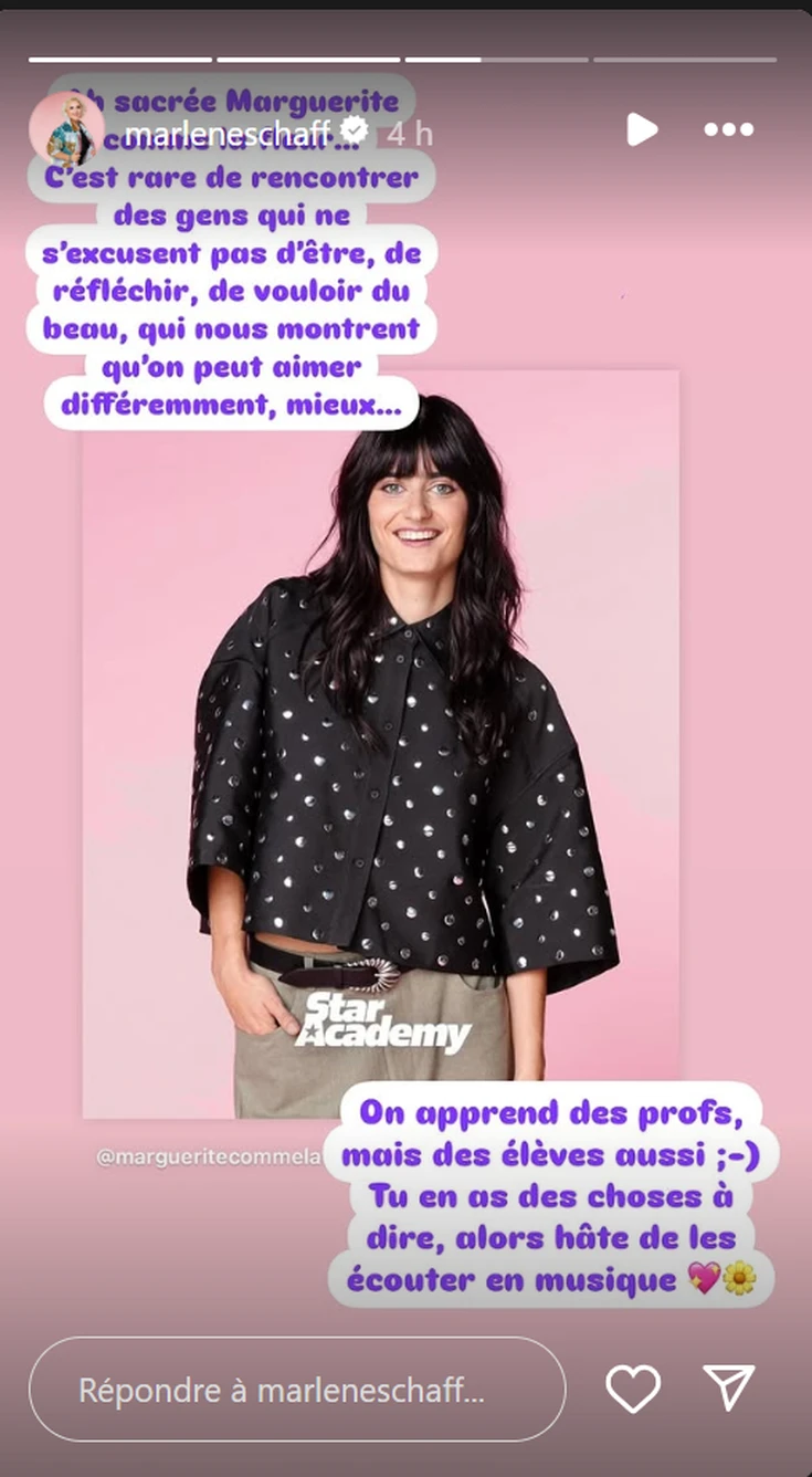 Story Instagram de Marlène Schaff en soutien à Marguerite de la Star Academy