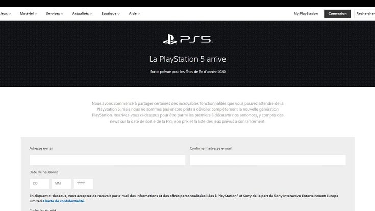 Site officiel de la PS5 - capture d'écran