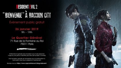Visuel rappelant la date et l'adresse de l'événement de lancement de Resident Evil 2 à Paris.
