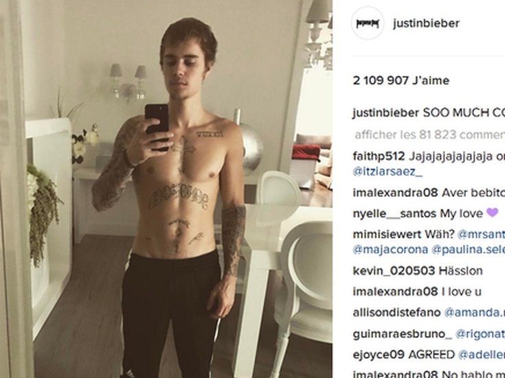 Justin Bieber sur instagram torse nu