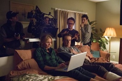 Cameron Diaz et Jason Segel avec le réalisateur Jake Kasdan et son équipe sur le tourange de Sex Tape