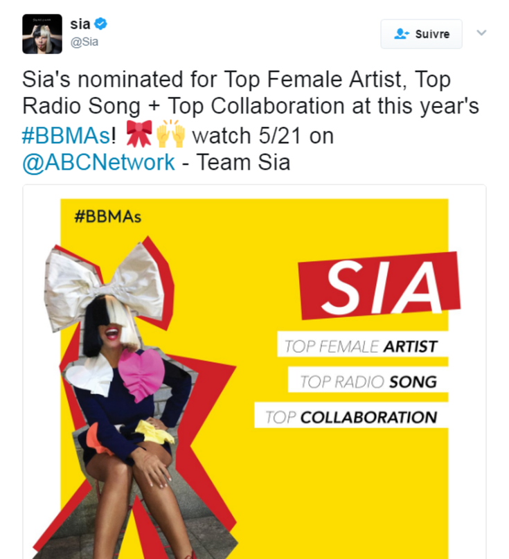 Sia annonce sa nomination au Billboard Music Awards sur Twitter 