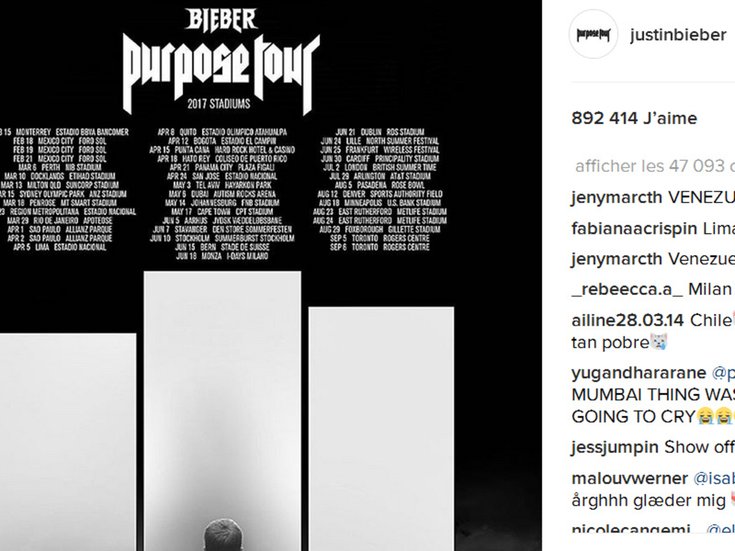 Justin Bieber sur Instagram donne les dates de sa tournée