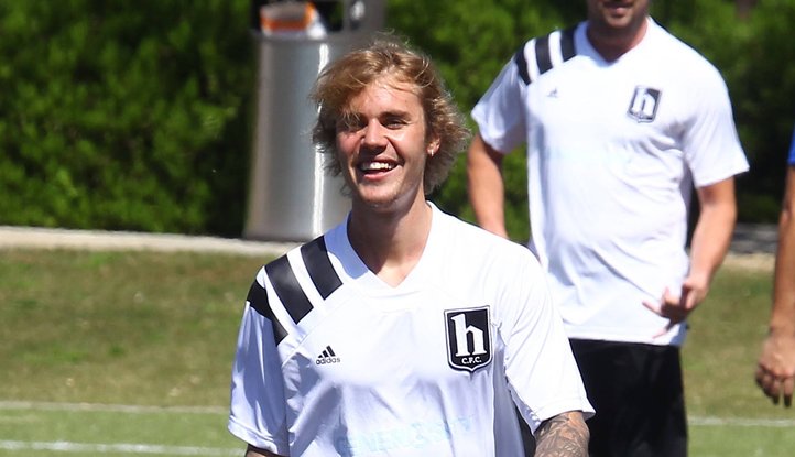 Justin Bieber playing soccer in Marina del Rey, California.