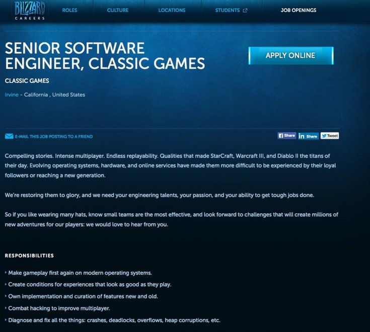 L'offre d'emploi Blizzard