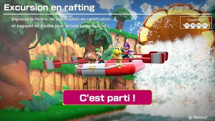 Le mode Excursion en rafting. Deux joueurs prennent le côté gauche, les deux autres le côté droit.