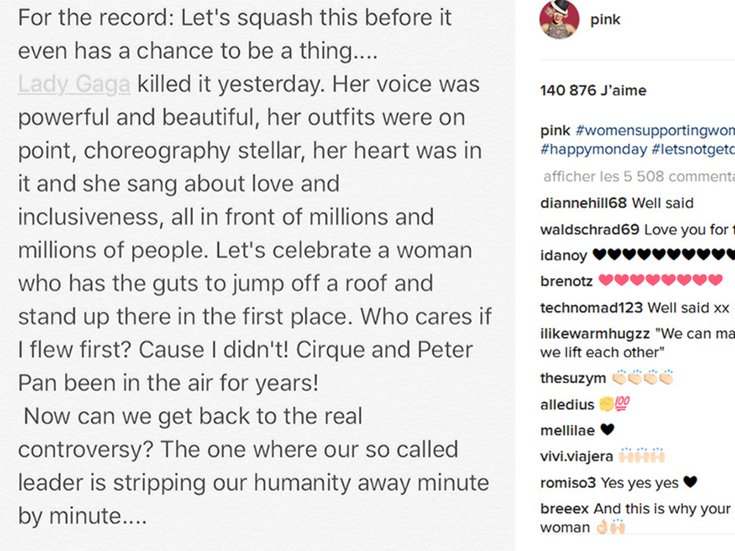 Pink complimente Lady Gaga sur Instagram