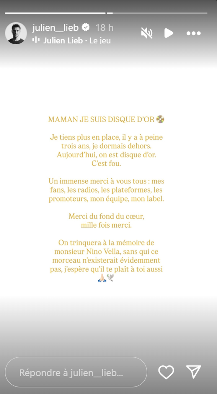 Capture d'écran Story Instagram Julien Lieb