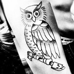 Le hibou sur son avant bras.