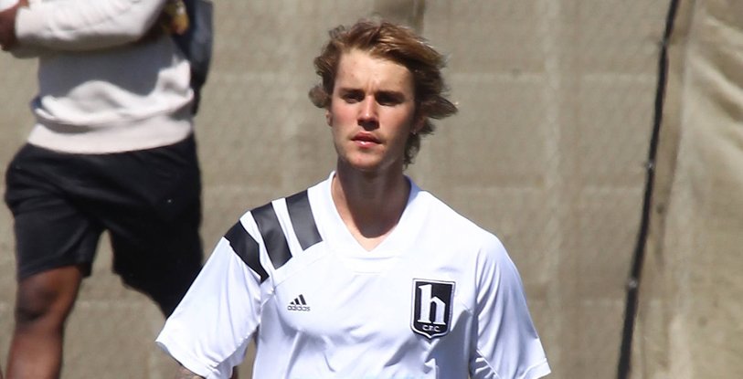 Justin Bieber playing soccer in Marina del Rey, California.
