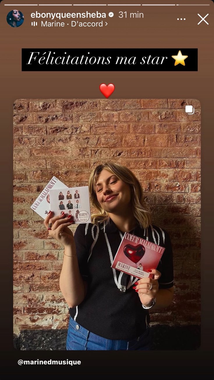 Story Instagram d'Ebony qui félicite Marine