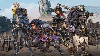 Les quatre chasseurs de l'Arche de Borderlands (de g. à d. : Zane, Amara, Moze et Fl4k)