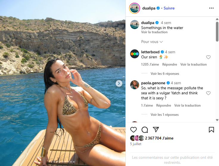 Capture d'écran du post Instagram de Dua Lipa