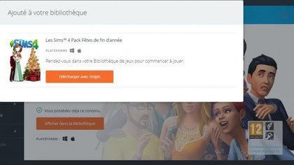 Page indiquant l'activation du pack gratuit de fêtes de fin d'année pour le jeu Les Sims 4 sur PC