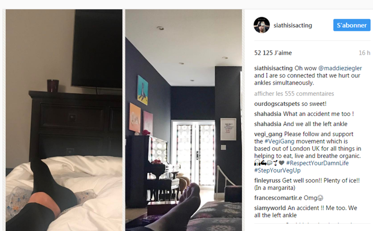 Sia annonce qu'elle s'est blessée la cheville sur Instagram 