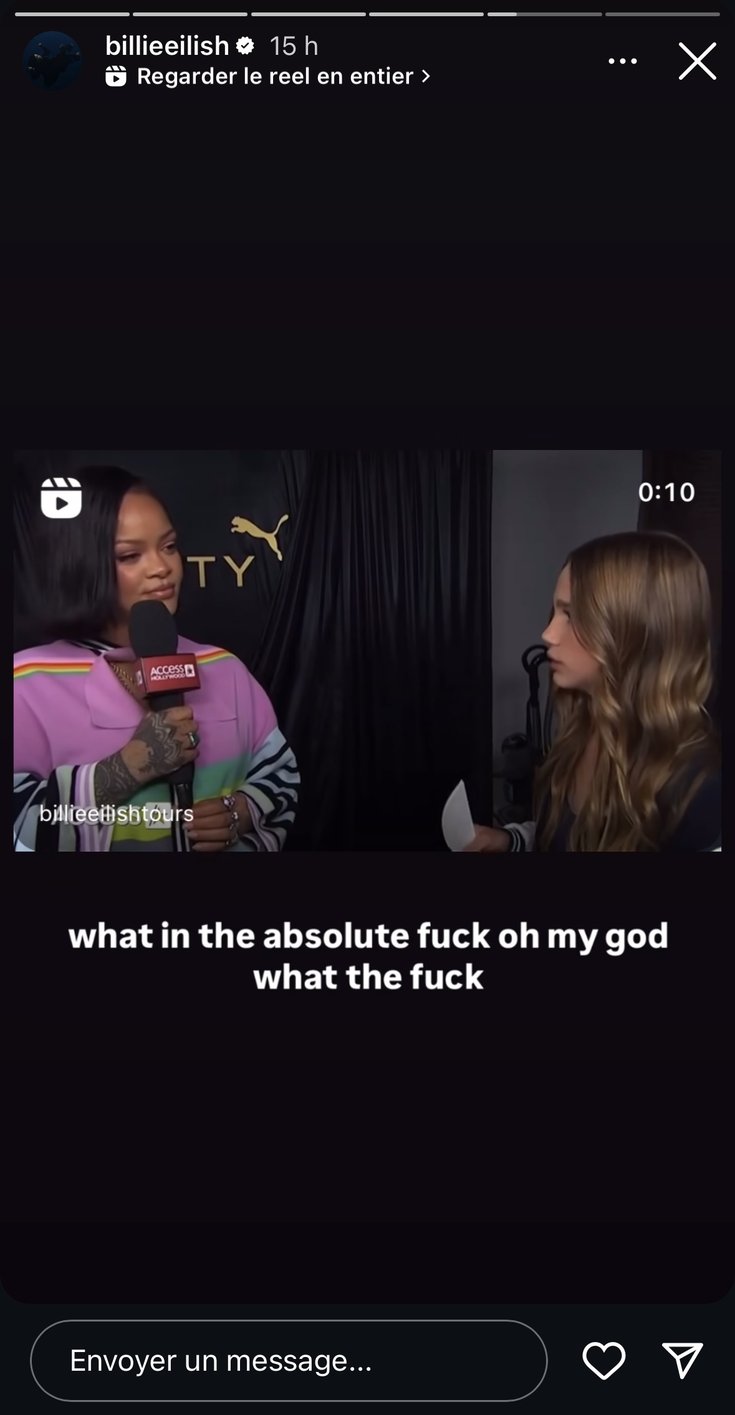 Billie Eilish réagit sur sa story à l'annonce de Rihanna, le 24 octobre 2024.