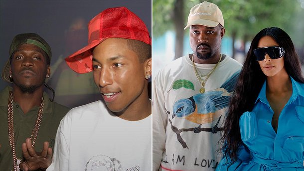Pharrell Williams avec Kanye West et Kim Kardashian au mariage de Pusha T