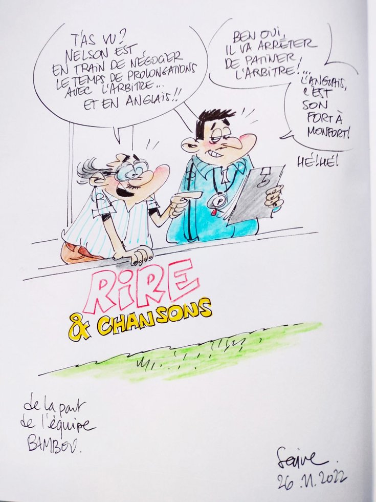 Nelson Monfort vu par Saive dans le Rire & Chansons Football Club